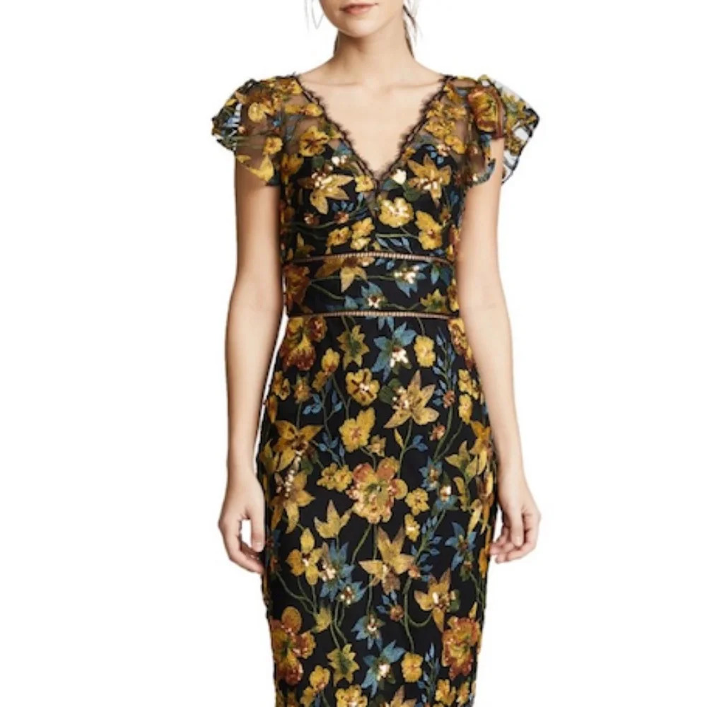 Marchesa Black Floral Embroidered Midi Dress